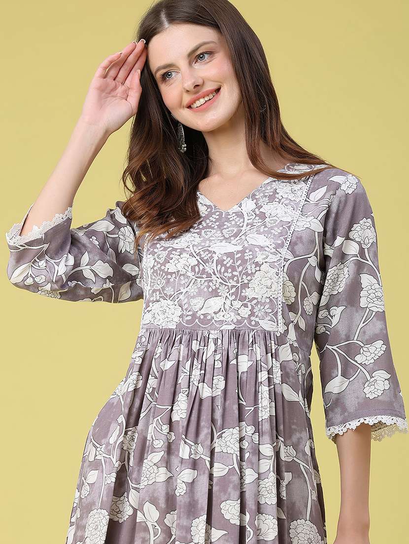 women printed three quarter sleeves fit and flare dress - 22346447 -  Standard Image - 1
