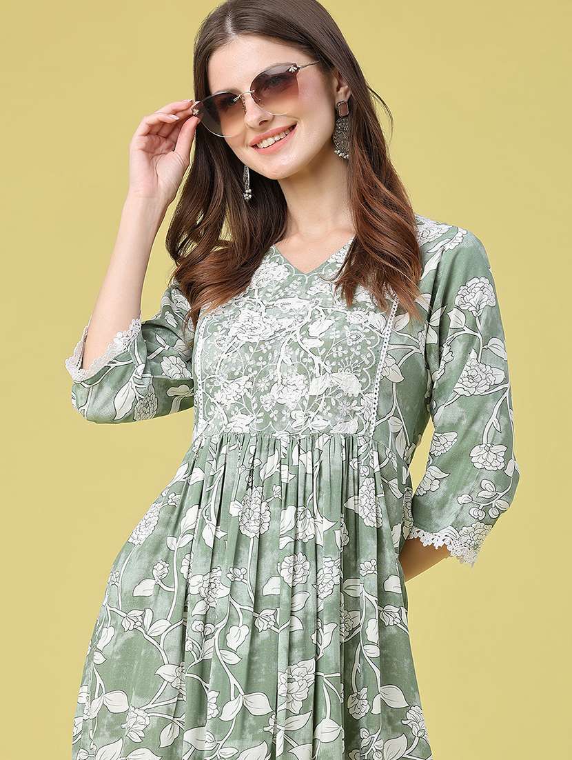 women printed three quarter sleeves fit and flare dress - 22346448 -  Standard Image - 1