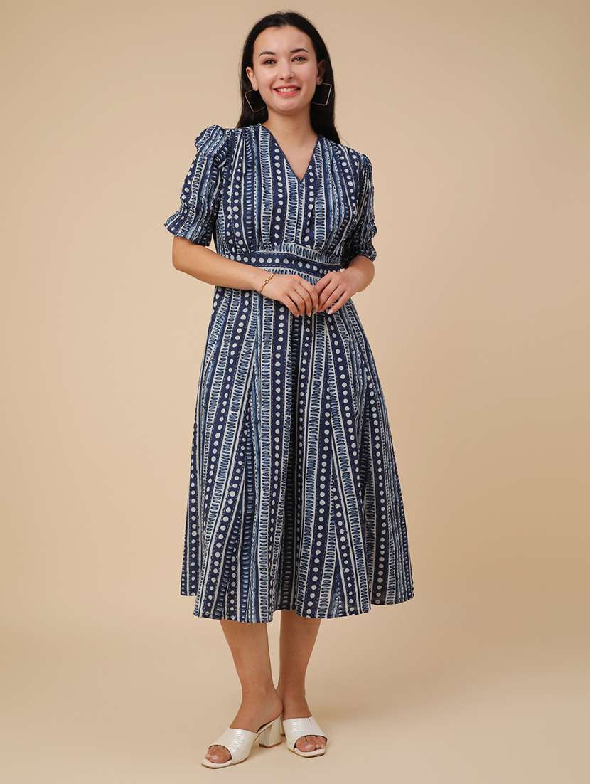 blue cotton fit & flare dress