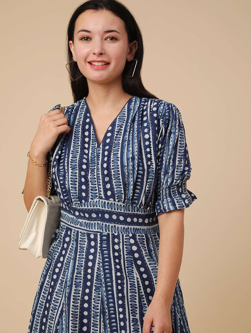 blue cotton fit & flare dress - 22346455 -  Standard Image - 1