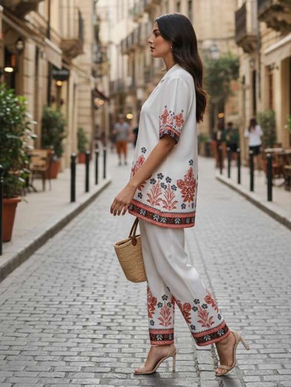 women solid with work short sleeve ethnic co-ord set - 22346494 -  Standard Image - 1