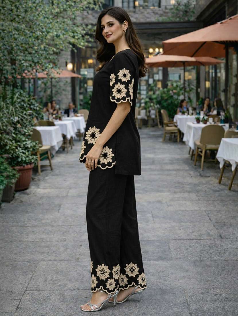 women solid with work short sleeve ethnic co-ord set - 22346496 -  Standard Image - 1