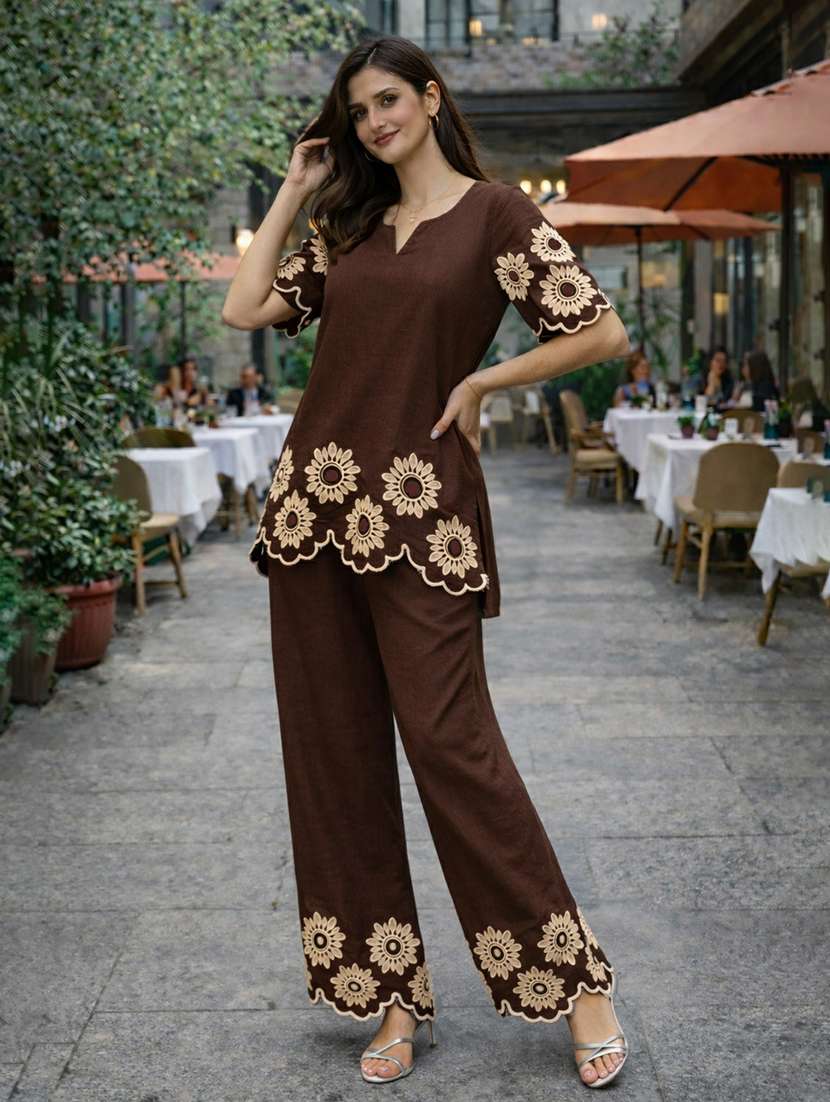 women solid with work short sleeve ethnic co-ord set - 22346497 -  Standard Image - 1