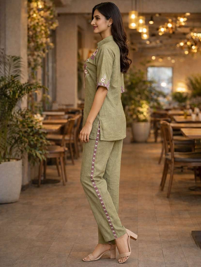 women solid with work short sleeve ethnic co-ord set - 22346510 -  Standard Image - 1