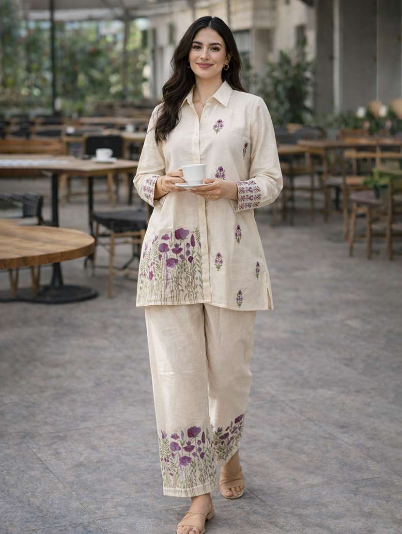 women solid with work long sleeve ethnic co-ord set - 22346520 -  Standard Image - 1