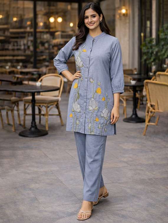 women solid with work three quarter sleeve ethnic co-ord set - 22346521 -  Standard Image - 1