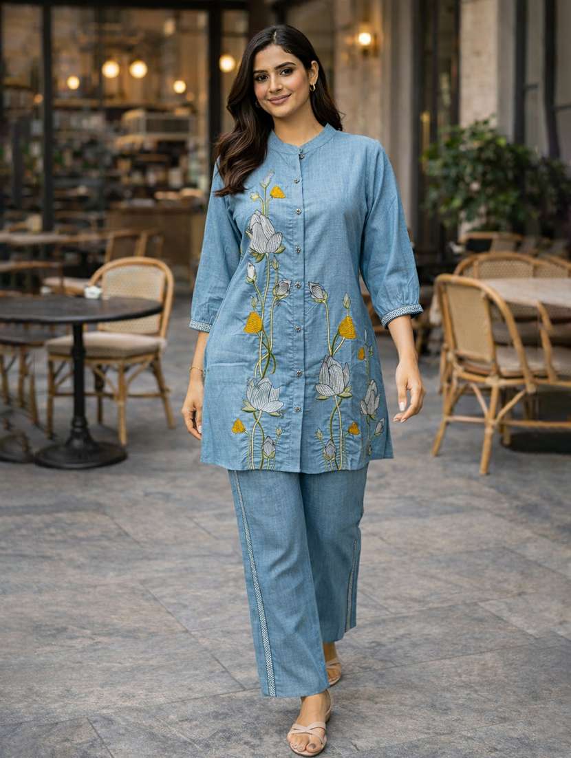 women solid with work three quarter sleeve ethnic co-ord set