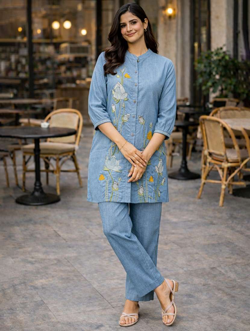 women solid with work three quarter sleeve ethnic co-ord set - 22346522 -  Standard Image - 1