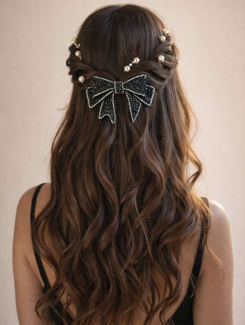 premium black rhinestone bow hair clip for women
