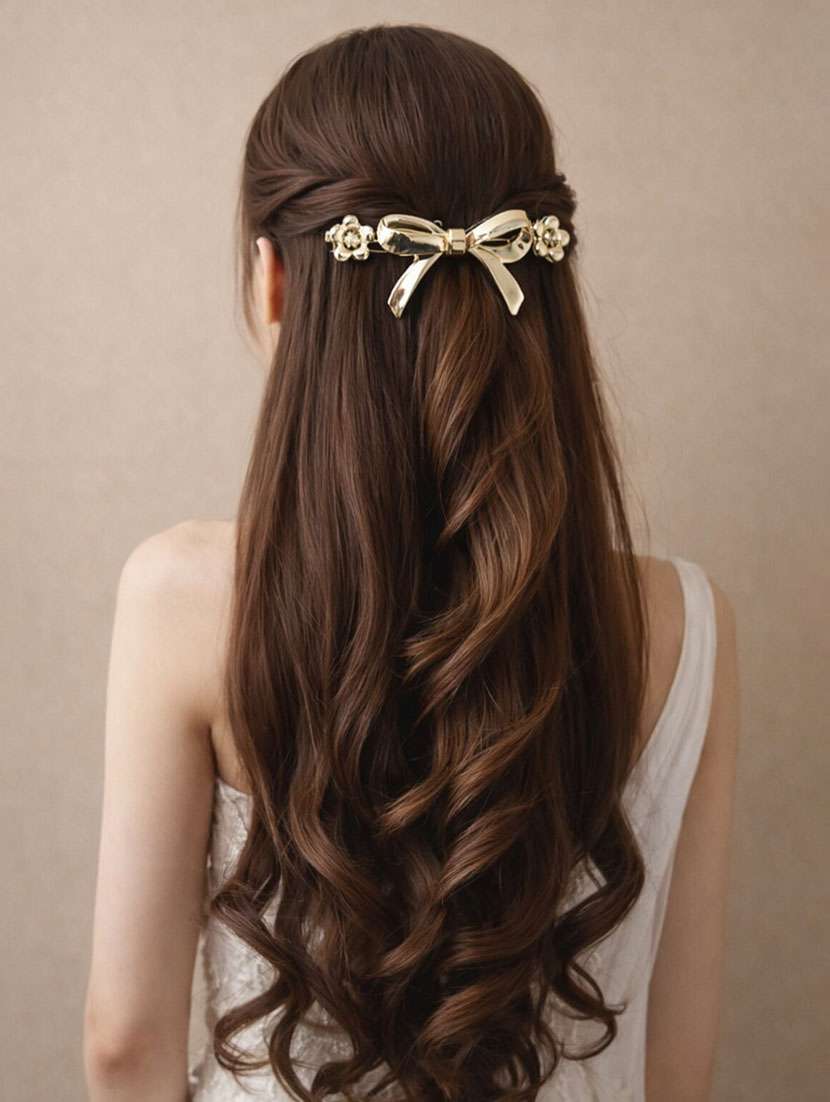 premium gold bow hair clip with 2 mini flower claw clips