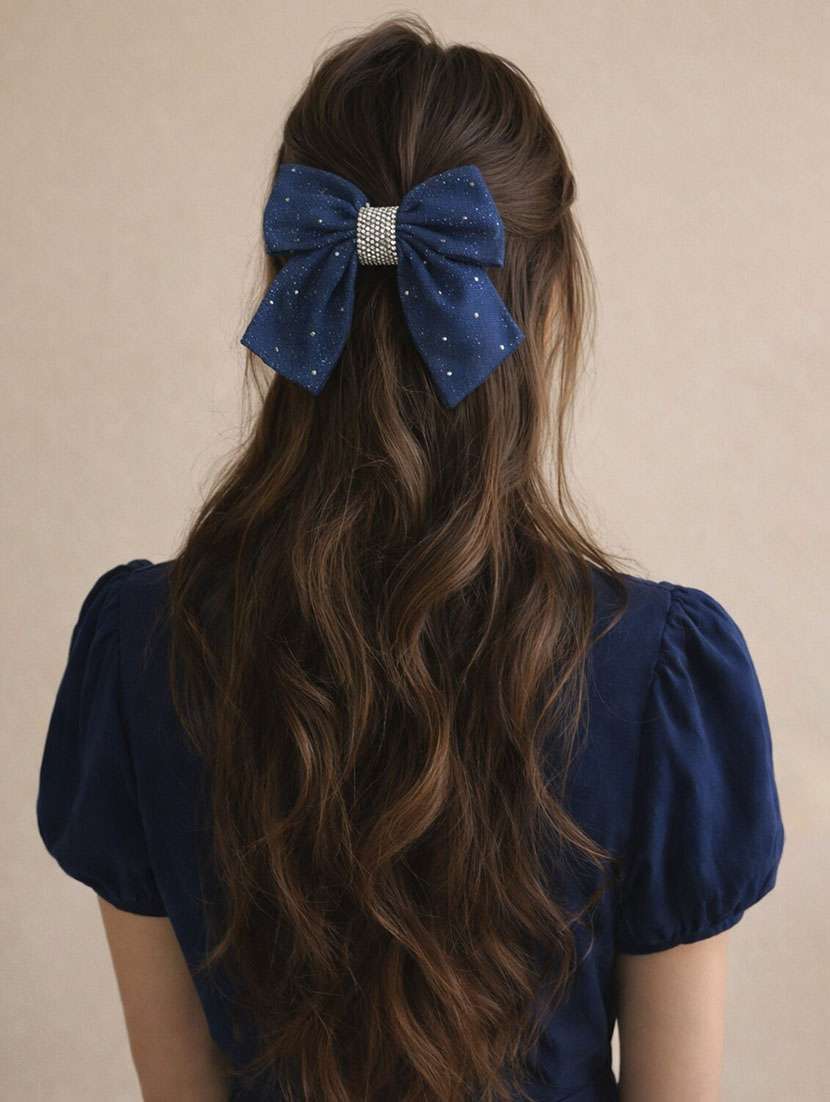 women trendy navy blue fabric bow hair clip with rhinestone center