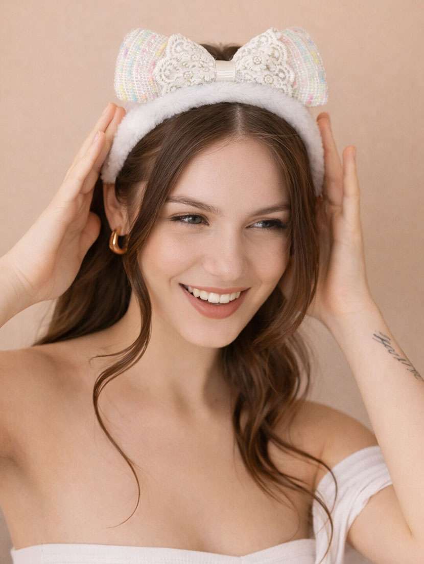 premium white faux fur hairband with pastel tweed lace bow