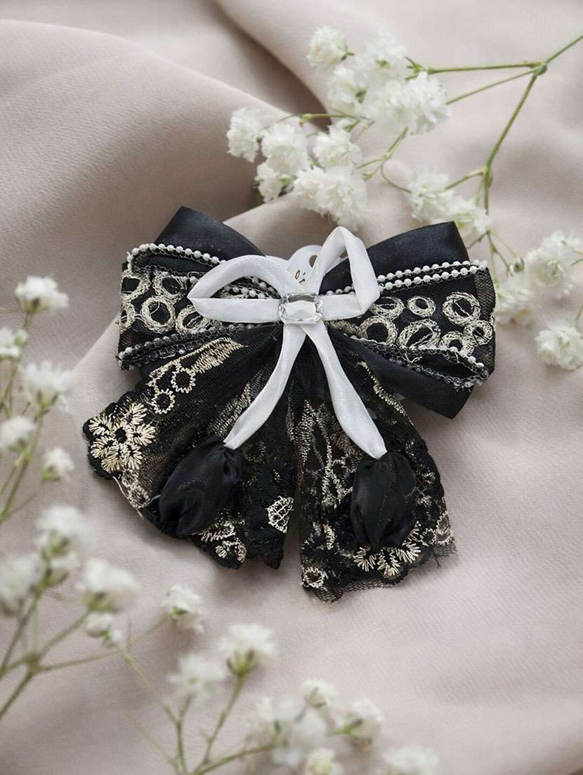 elegant black & white lace bow hair clip with pearl detailing - 22346548 -  Standard Image - 1