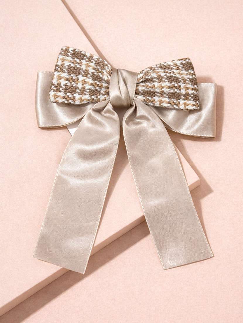 elegant beige satin & tweed bow hair clip for women - 22346559 -  Standard Image - 1