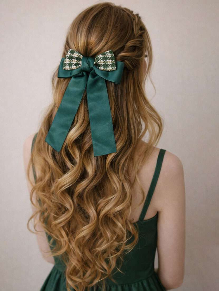 elegant green satin & tweed bow hair clip for women