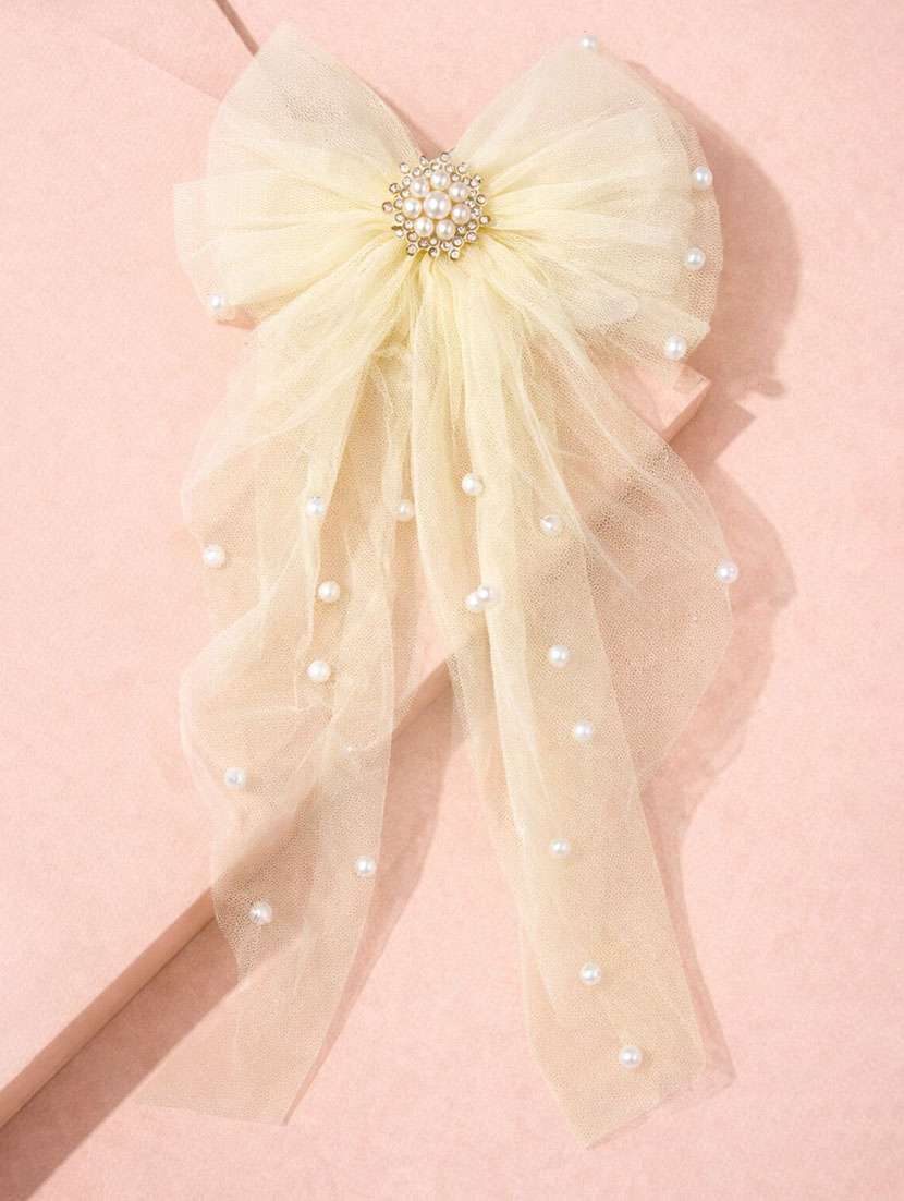 elegant yellow pearl net bow hair clip for women - 22346571 -  Standard Image - 1