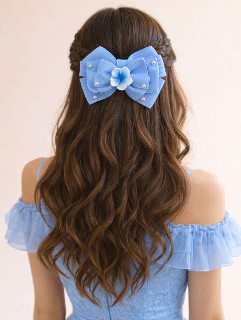 blue bow hair clip with floral center & pearls