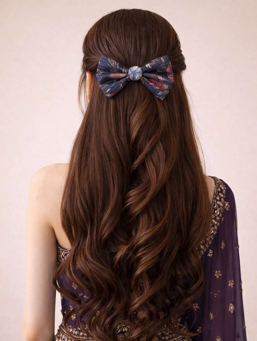 navy blue floral bow hair clip