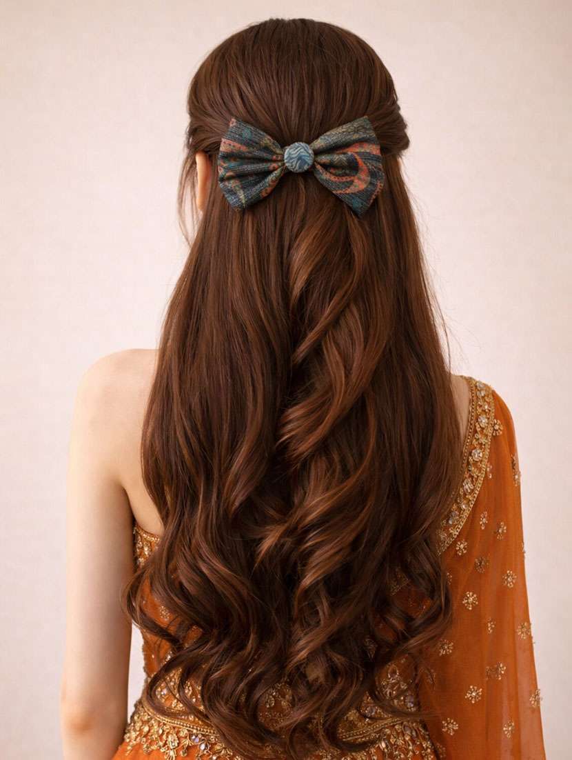 dark teal printed bow hair clip