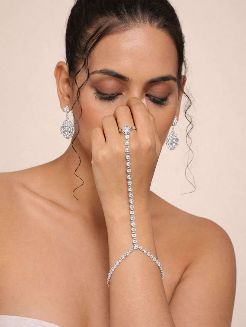  silver long chain hathphool with solitaire ring - 22346594 -  Standard Image - 1