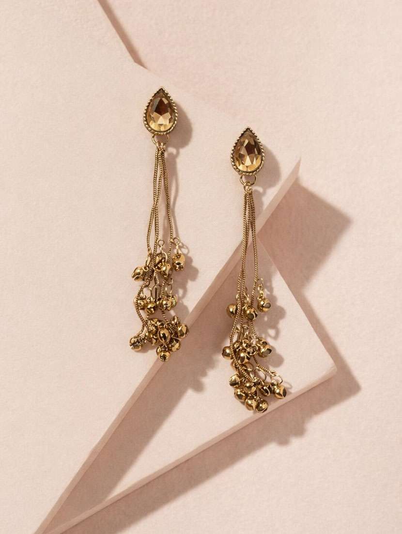 premium kashmiri gold-tone drop earrings with teardrop stone and ghungroo tassels