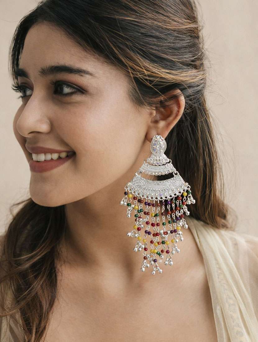 oxidised silver multicolor beaded long chandbali earrings for women - 22346597 -  Standard Image - 1