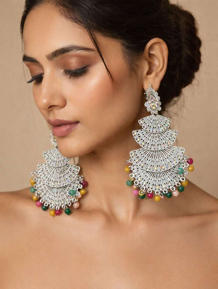 oxidised silver multi-layer fan design statement earrings with multicolour beads for women - 22346599 -  Standard Image - 1