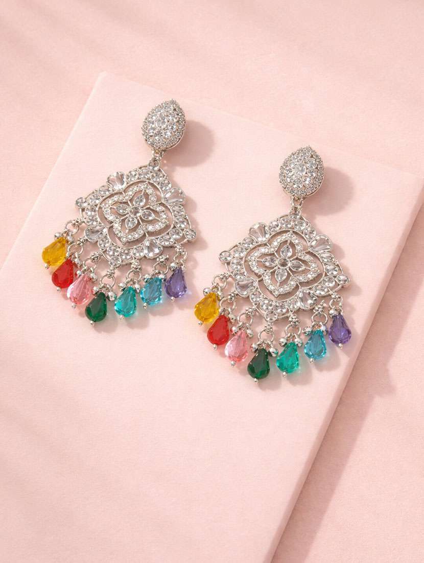 silver plated multicolor kundan chandbali earrings for women