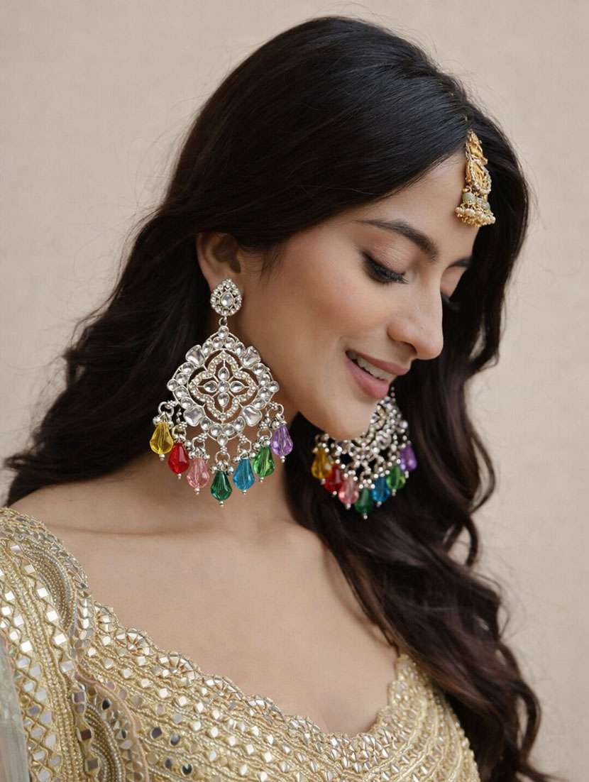silver plated multicolor kundan chandbali earrings for women - 22346600 -  Standard Image - 1