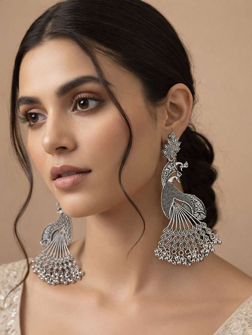 oxidised silver peacock design long drop earrings for women - 22346605 -  Standard Image - 1
