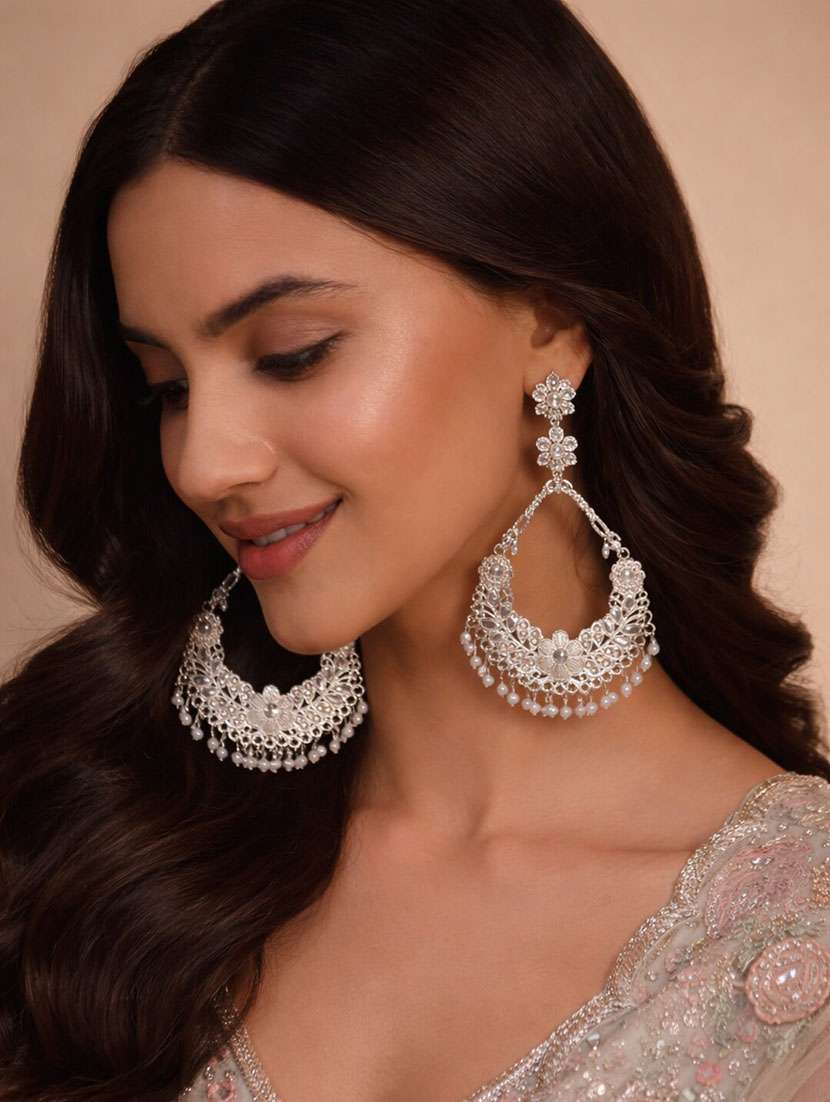 elegant silver-tone pearl drop chandbali earrings for women - 22346606 -  Standard Image - 1