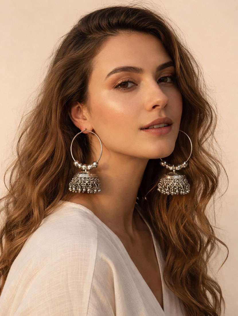 oxidised silver hoop jhumka earrings for women - 22346609 -  Standard Image - 1