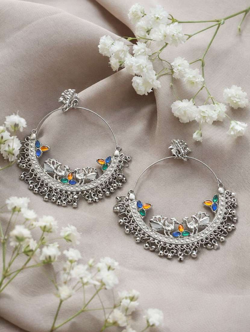 oxidised silver multicolor peacock hoop earrings with ghungroo detailing for women