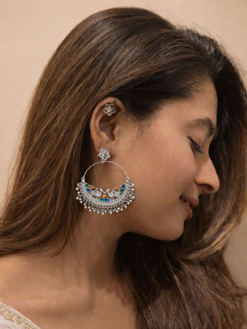 oxidised silver multicolor peacock hoop earrings with ghungroo detailing for women - 22346610 -  Standard Image - 1