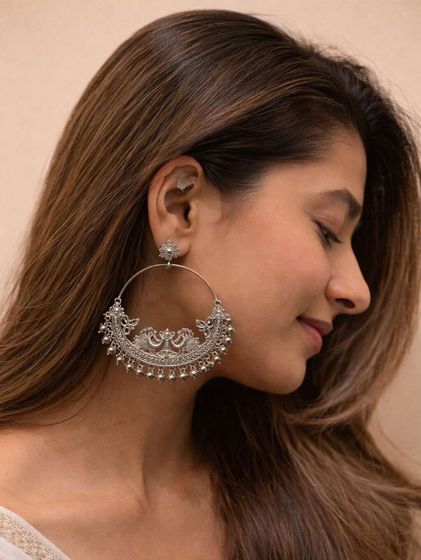 oxidised silver peacock hoop earrings with ghungroo detailing for women - 22346611 -  Standard Image - 1