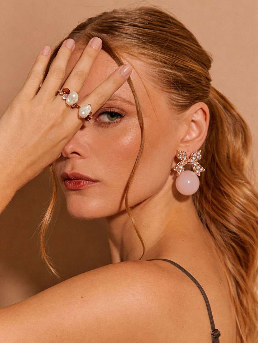 rose gold bow stud earrings with blush pink stone - 22346618 -  Standard Image - 1