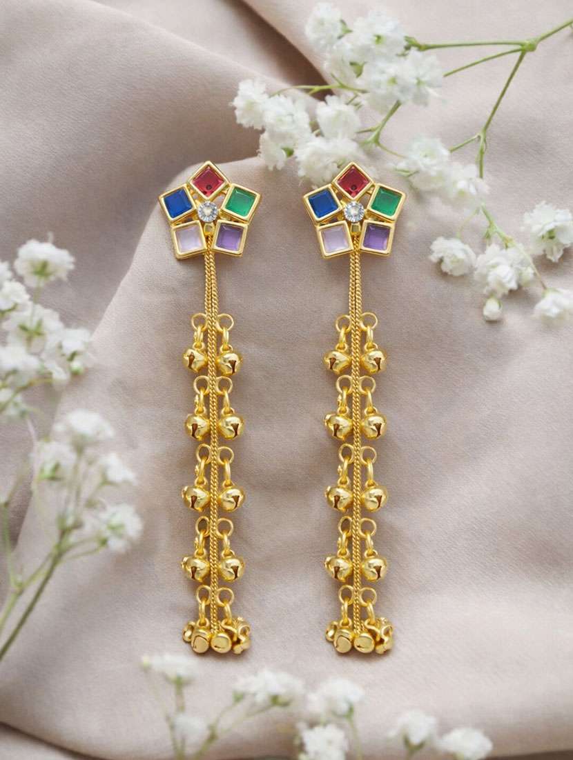 kashmiri multicolor stone studded long earrings with golden ghungroo danglers
