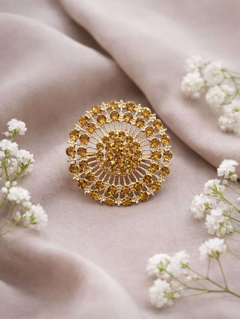 gold plated round floral stone studded statement ring for women