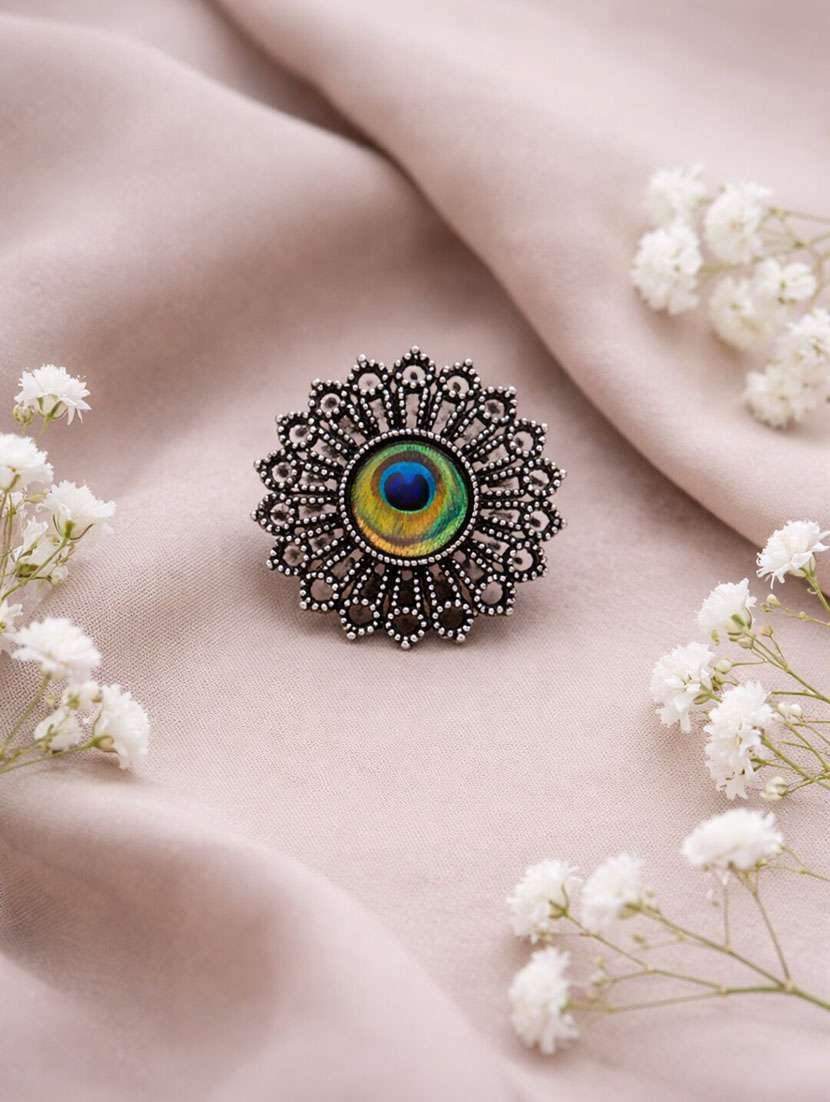 peacock feather oxidised statement ring for women