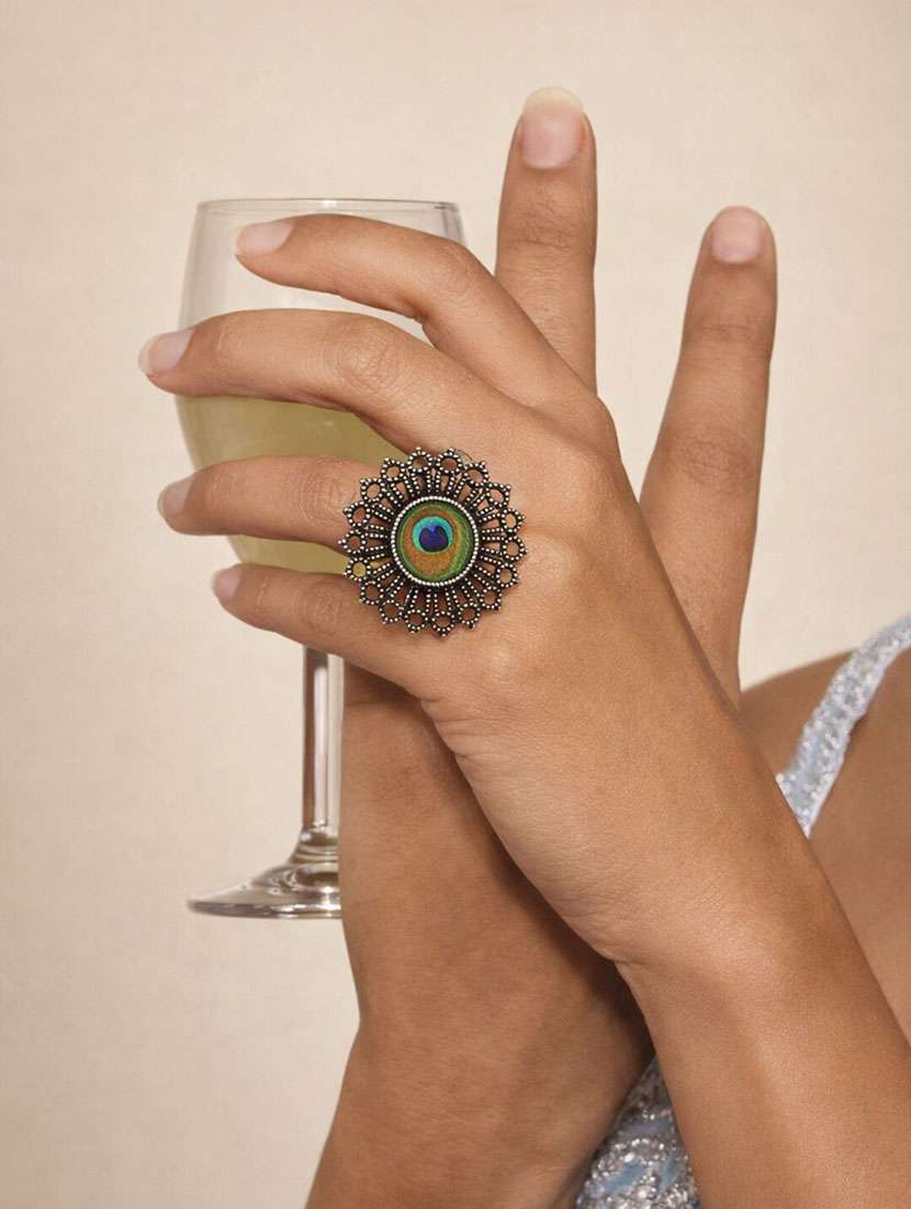 peacock feather oxidised statement ring for women - 22346634 -  Standard Image - 1