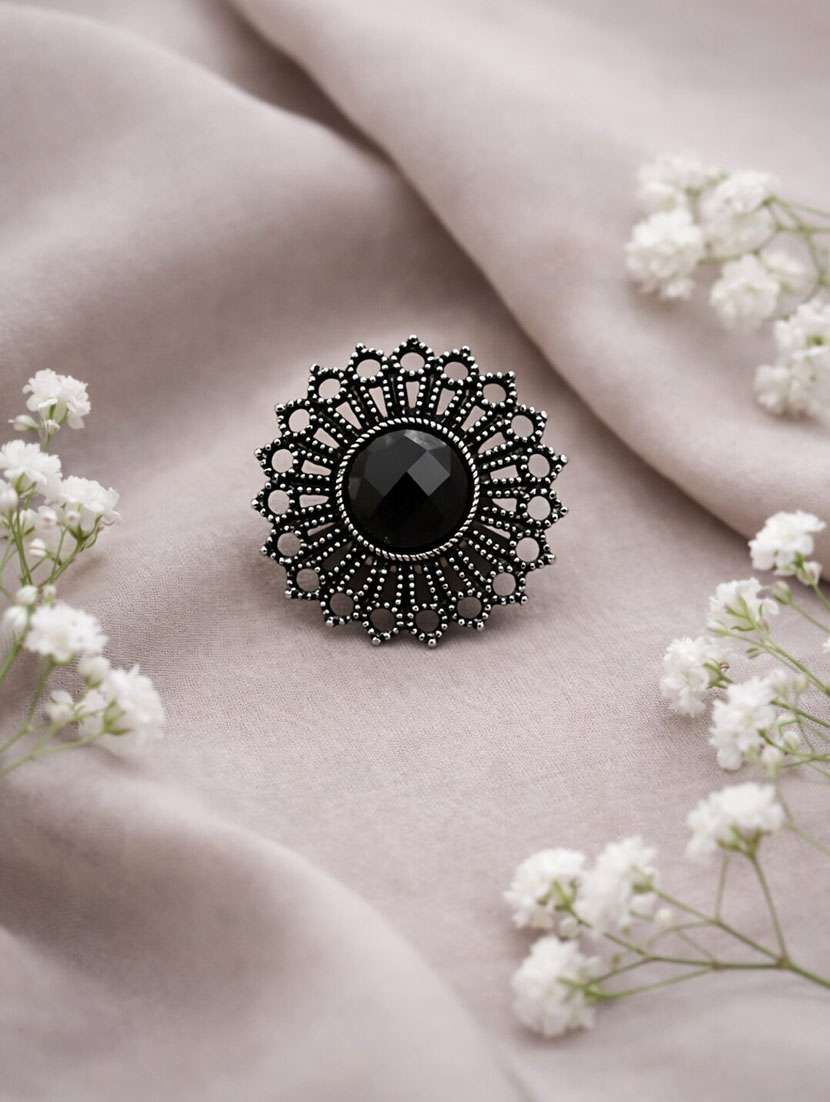 oxidised black stone statement ring for women