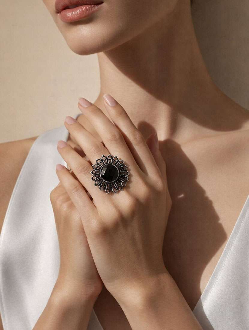 oxidised black stone statement ring for women - 22346635 -  Standard Image - 1