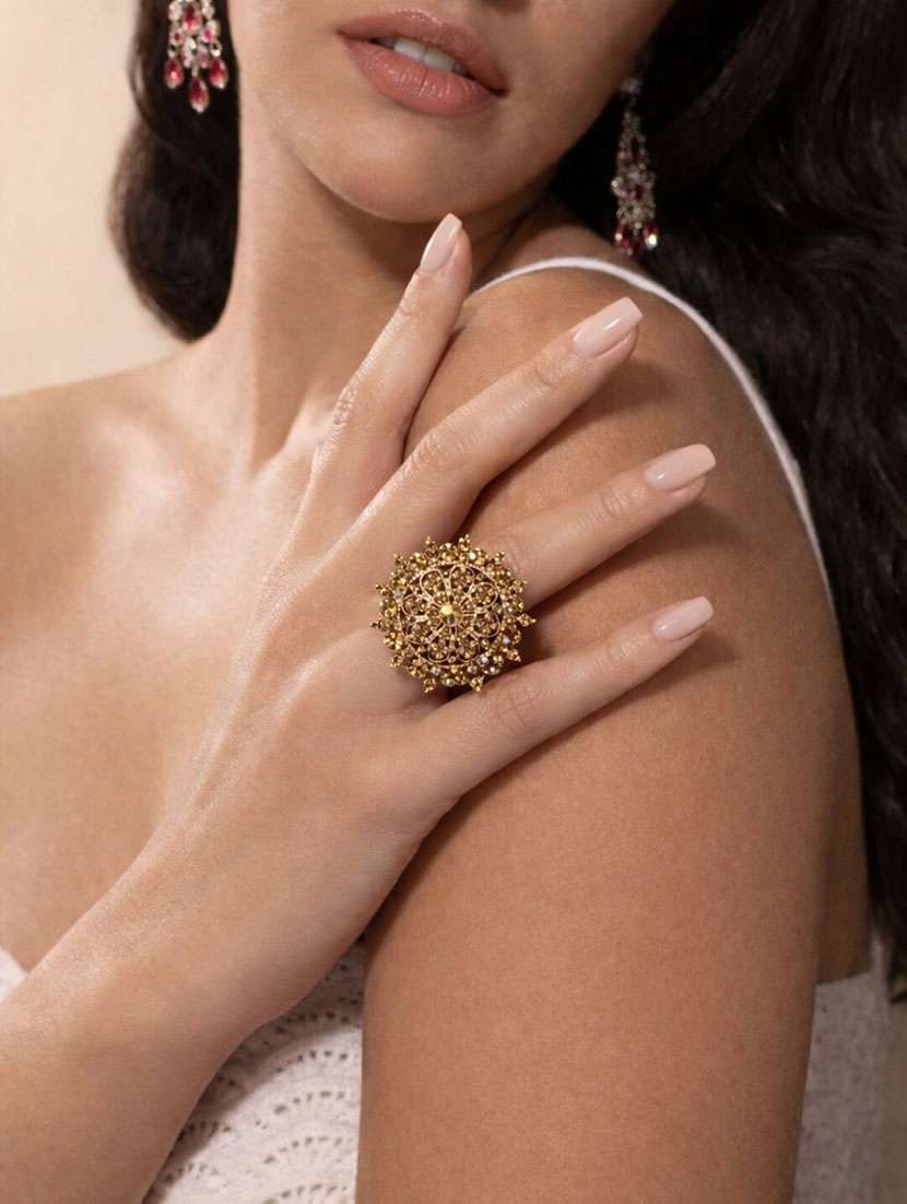 elegant gold-tone stone studded floral statement ring for women - 22346638 -  Standard Image - 1