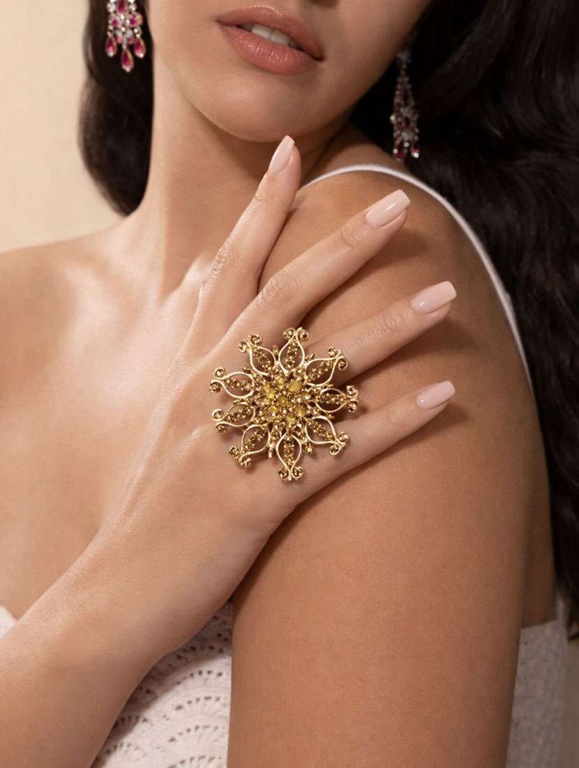 gold-tone stone studded floral statement ring for women - 22346639 -  Standard Image - 1