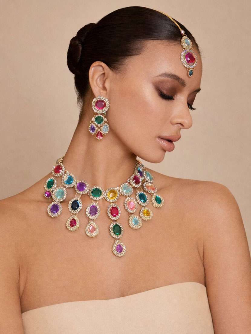 multicolour kundan necklace set with earrings & mangtikka - 22346644 -  Standard Image - 1