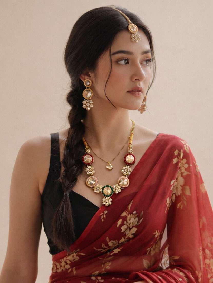 multicolour kundan choker necklace set with earrings & maangtikka - 22346647 -  Standard Image - 1