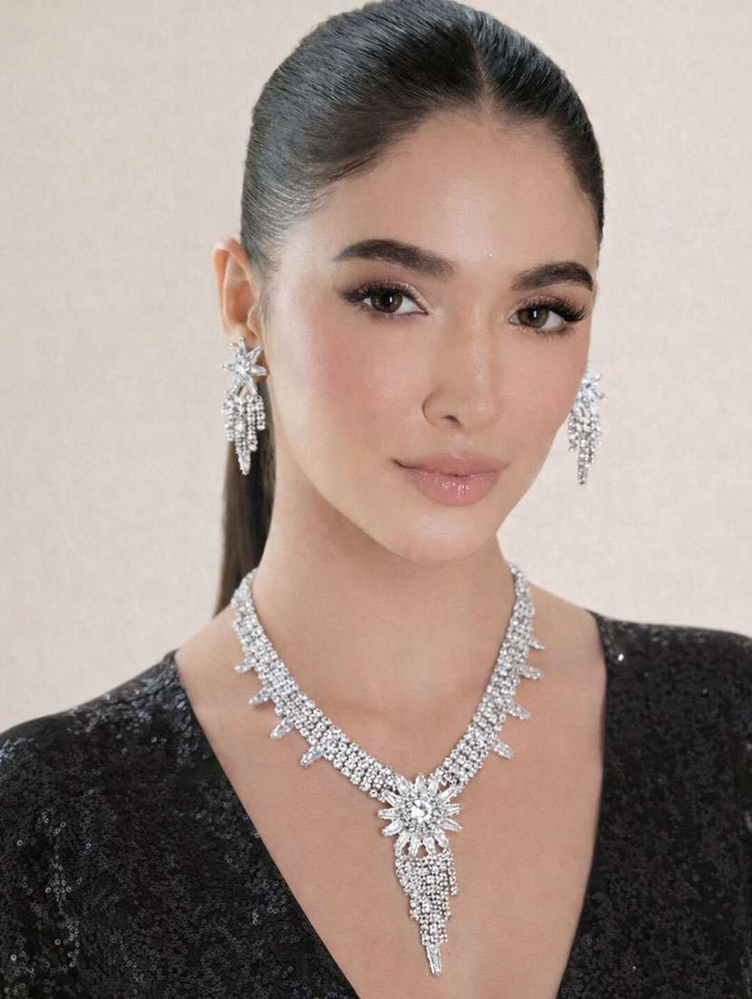 elegant silver-tone stone studded statement necklace set with matching earrings for women - 22346648 -  Standard Image - 1