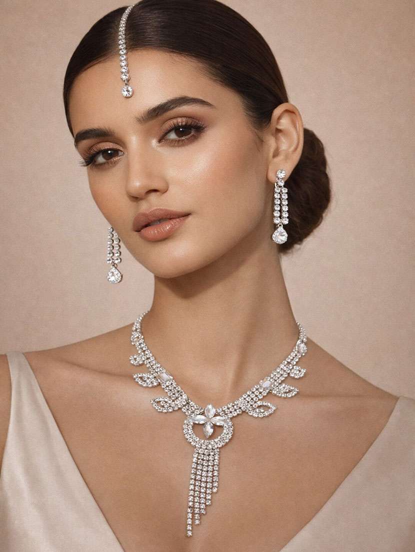 elegant silver stone necklace set with matching earrings & mangtikka - 22346649 -  Standard Image - 1