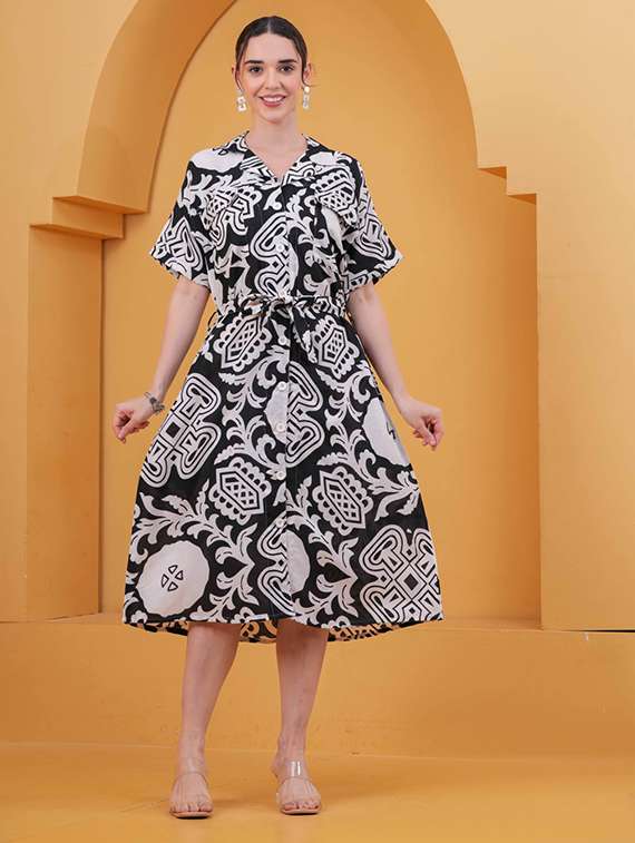 women printed short sleeve a-line dress