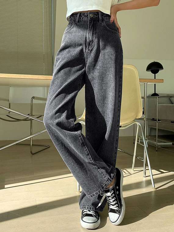 women solid high rise baggy jean